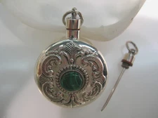 Sterling Silver perfume bottle round engraving vintage design w/ Malachite