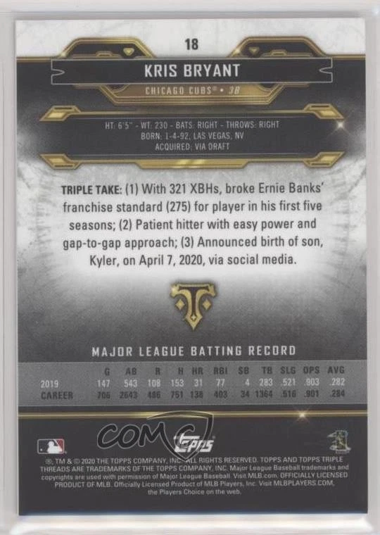 2020 Topps Triple Threads Sapphire /25 Kris Bryant #18 - Image 2 of 2