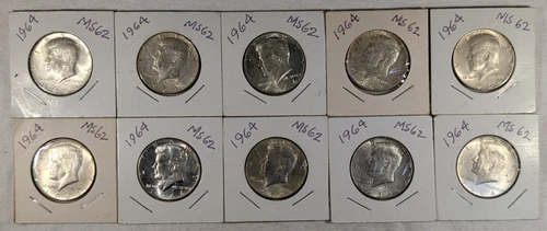 LOT OF 10 UNC 1964 KENNEDY HALF DOLLAR COINS $5 FACE VALUE UNCIRCULATED #82