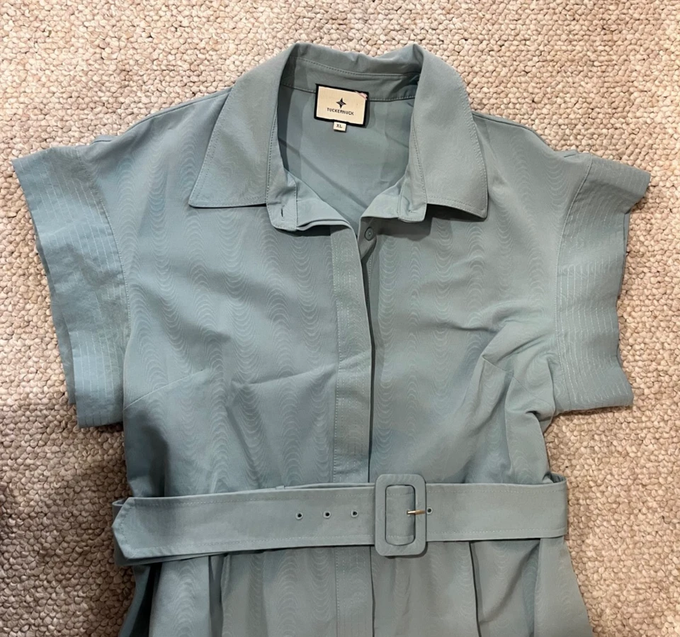 CUTE! Tuckernuck XL Slate Blue Chloe Classic Midi Dress Belted Collared - Image 3 of 4