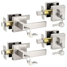 Square Entry Levers and Single Cylinder Deadbolts Combo 2 Pack Brushed Nickel