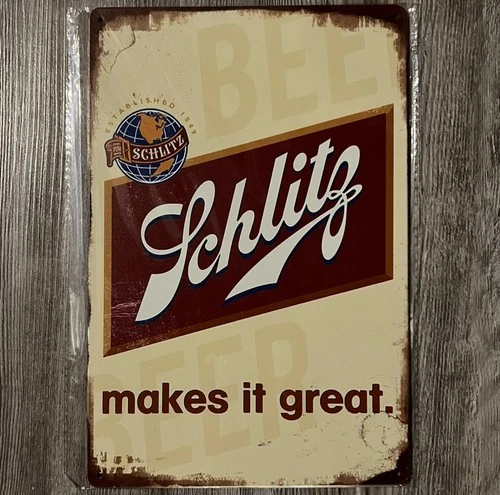 Schlitz Beer Makes It Great 8 x 12 Vintage Novelty Metal Sign New!