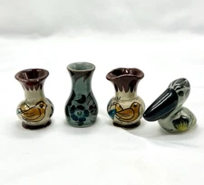 Tonala Vintage Mini Mexican Pottery Sandstone 3 Vases And 1 Bird (Toucan?)
