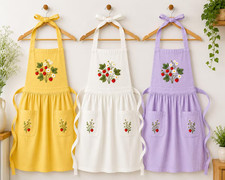 Embroidered Linen Apron, Strawberry Floral Cottagecore Kitchen Baking