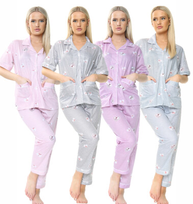 100% Baumwolle 2-teiliges Pyjama Set Damen gewebt Kirsche Herz Print Nachtwäsche Schlafanzug.