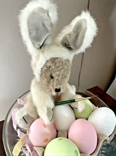 Boyds Bear Bunny Suit Easter Gray Paws Pink Bow Plush 13" With Eggs Watson