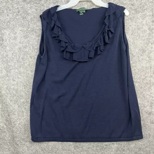 Ralph Lauren Womens Top 3X Fits Like 2X Blue Silk Career Ruffled Layering