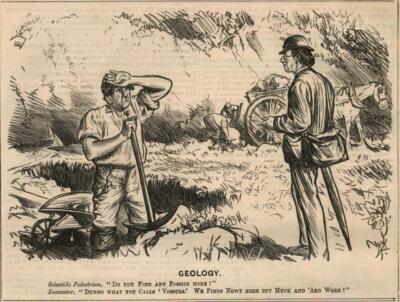 Geology. Conversation scientific pedestrain and excavator