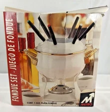 Metro Stainless Steel Fondue Set White Enamel Gold MCM Complete New Open Box