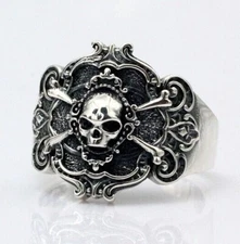 Pirate Flag Skull Flag 925 sterling silver punk biker couple's open ring handmad