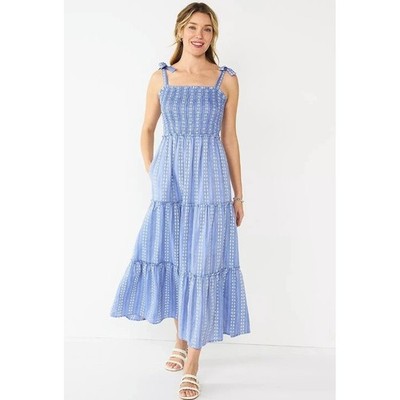 DRAPER JAMES RSVP Tiered Maxi Dress, M, Chambray Blue with Adjustable Bow Straps
