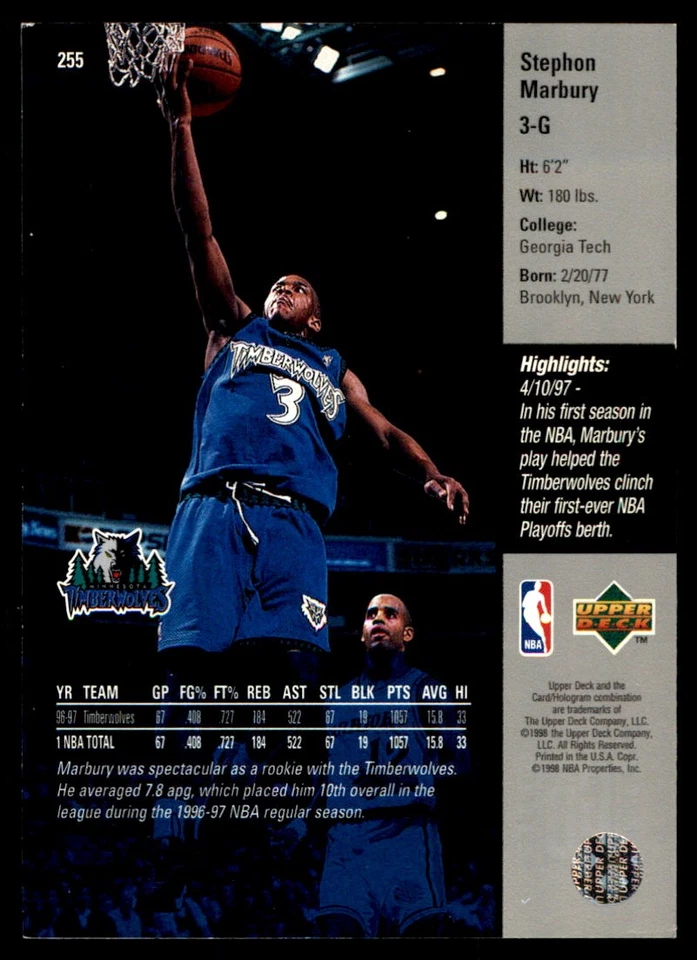 Stephon Marbury 1997-98 Upper Deck #255 Minnesota Timberwolves NBA READ - Image 2 of 2
