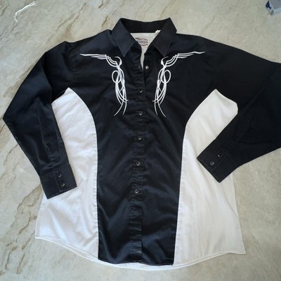 Ely Cattleman Western Shirt Black White Embroidered Snap Front Vintage Mens XL