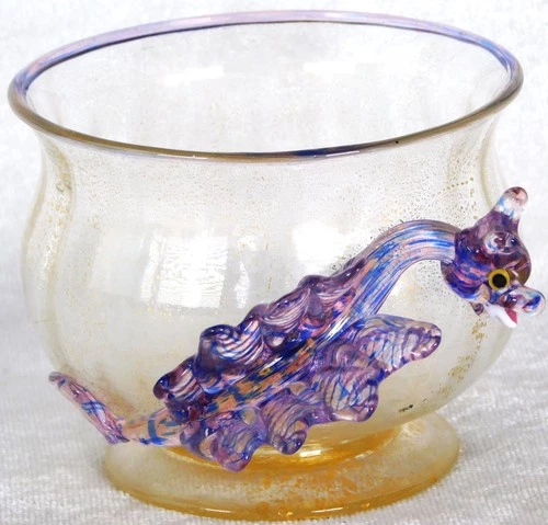 Antique Venetian Salviati Barovier Murano Art Glass Purple Dragon Gold Bowl Vase