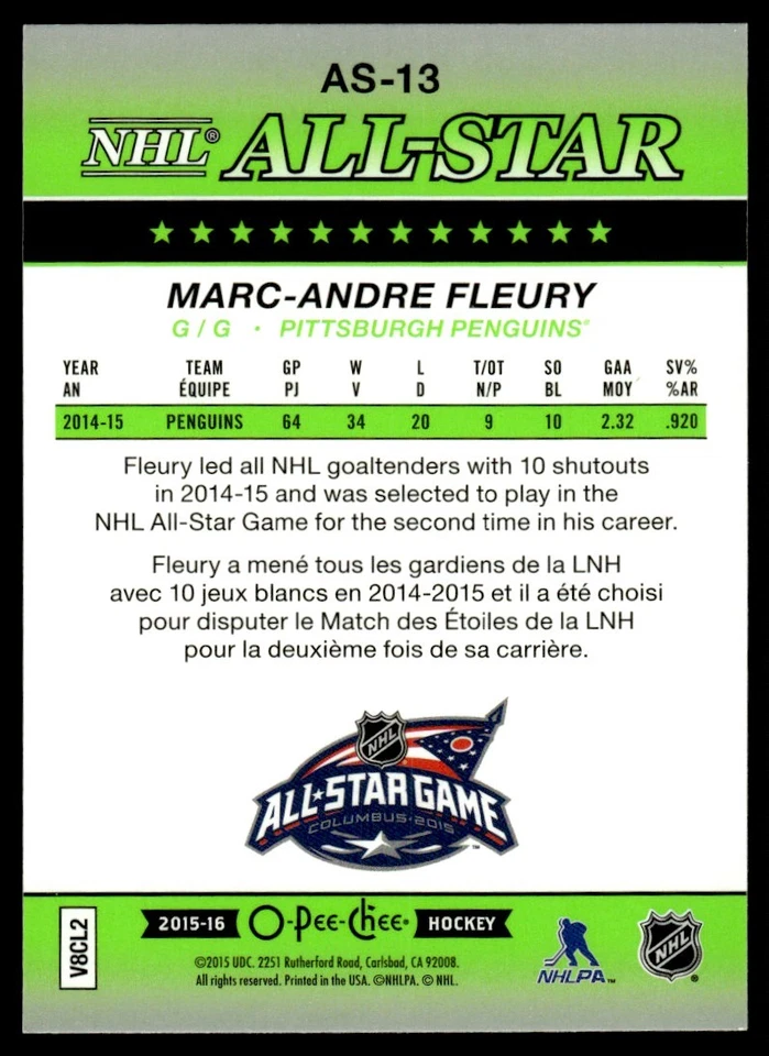 2015-16 O PEE CHEE NHL ALL STAR Marc-Andre Fleury Pittsburgh Penguins #AS-13 - Image 2 of 2