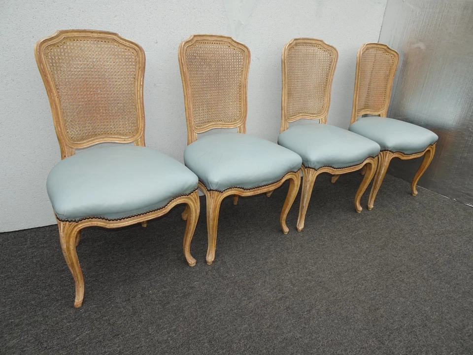 Set of Four Vintage French Provincial Louis XVI Blue Leather Cane Dining Chairs - Image 4 of 4