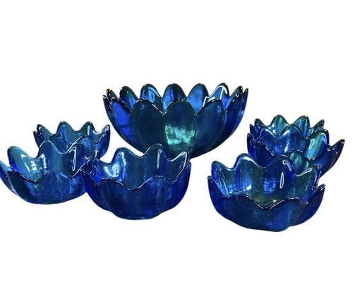 Blenko Glass 7 piece Cobalt Blue Glass Salad Bowl Set with 6 Glass Petal bowls