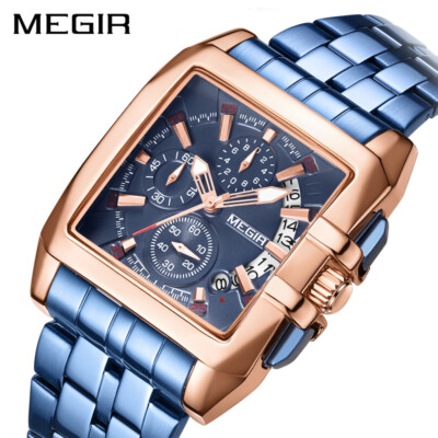 MEGIR Luxury Black Mens Watches with Stainless Steel Band Rectangle Big Dial