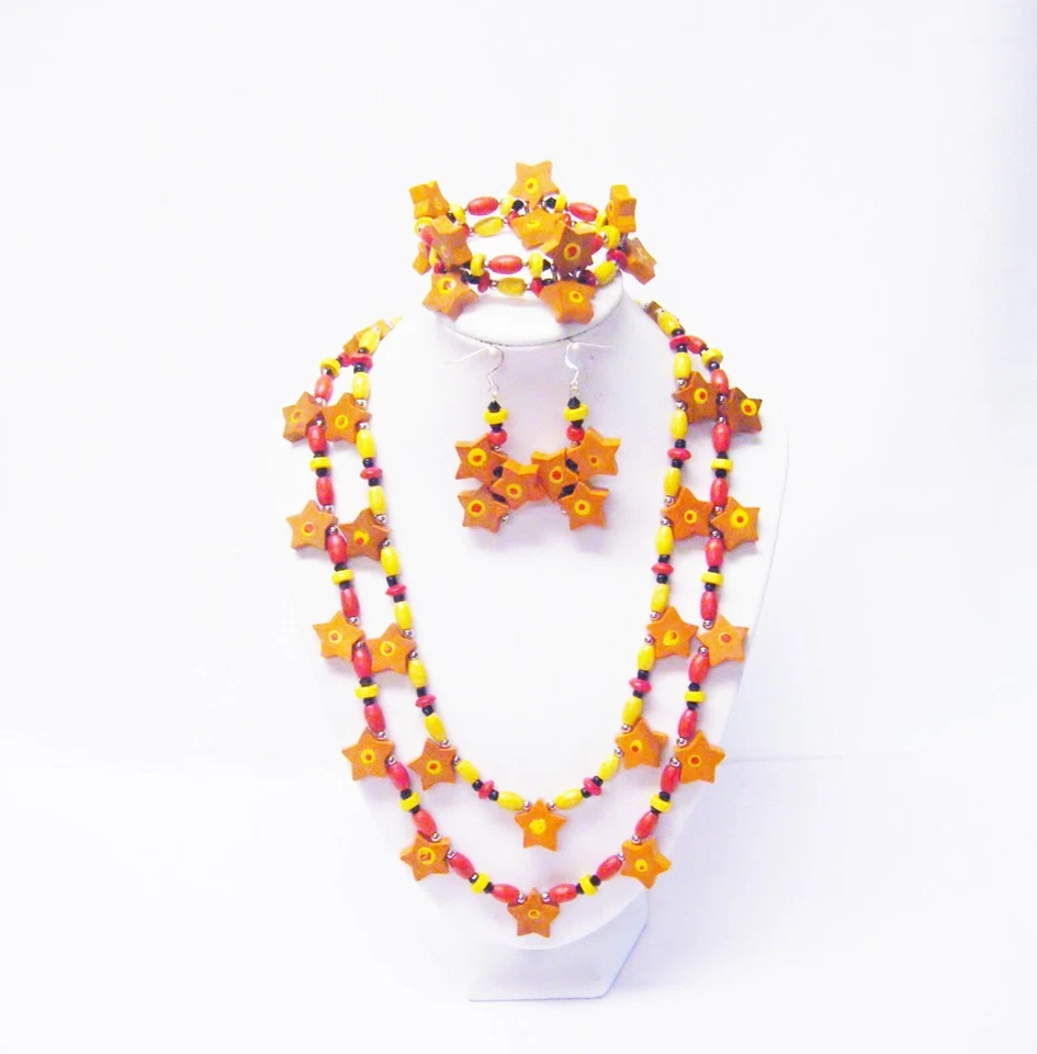 Collar/pulsera/pendiente de cuentas de madera ovaladas rojas/amarillas en forma de estrella naranja de 2 hilos Foto 2 de 4