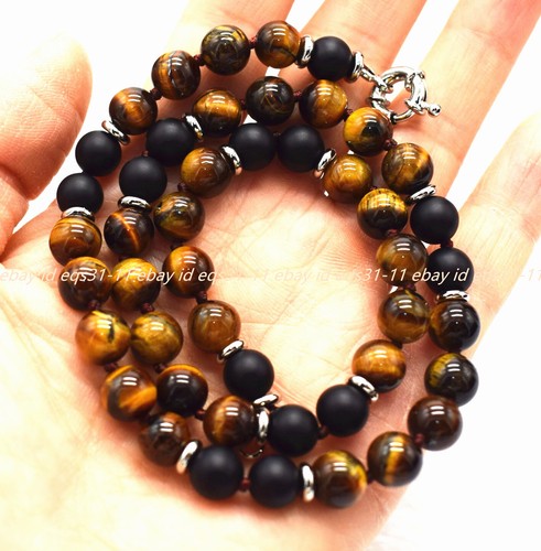 Handmade Natural 8mm Tiger's Eye Black Matte Agate Gems Round Beads Necklace - Picture 6 of 12