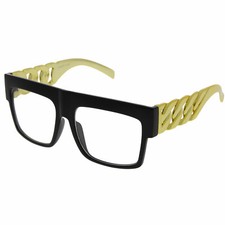 Chain Temple Gold Oversized Flat Top Clear Lens Celebrity Sunglasses