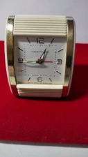 Vintage WESTCLOX Wind Up Travel Alarm Clock Cream / Gold tone Sliding Cover