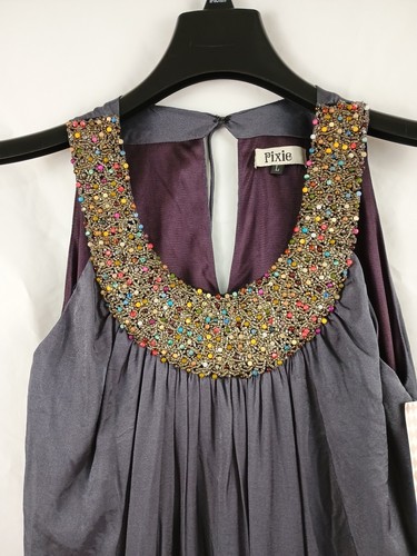 Vintage Pixie of California Dress M Gray Purple satin Tie Waist Beaded Tag L - Picture 4 of 15