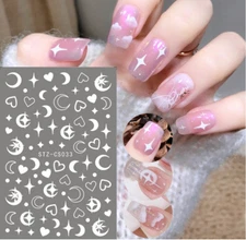 3D Nail Art Decals Sticker White Moon Star Heart (CS33) Peel & Stick DIY NS7