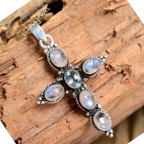 Moonstone & Blue Topaz Gemstone 925 Sterling Silver Cross Pendant For Easter - Picture 2 of 6