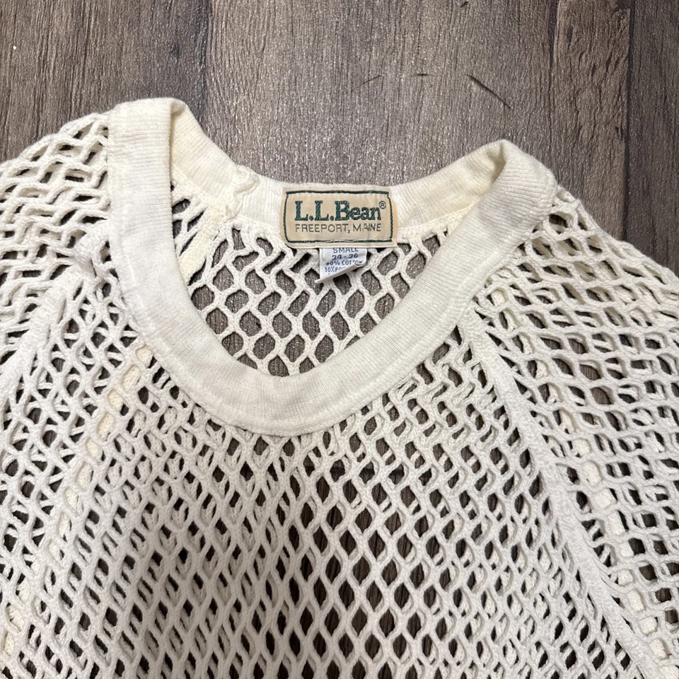 LL Bean 复古 60 年代渔网 T 恤白色网眼网底层美国(男式小号?) — 第 2/4 张图片