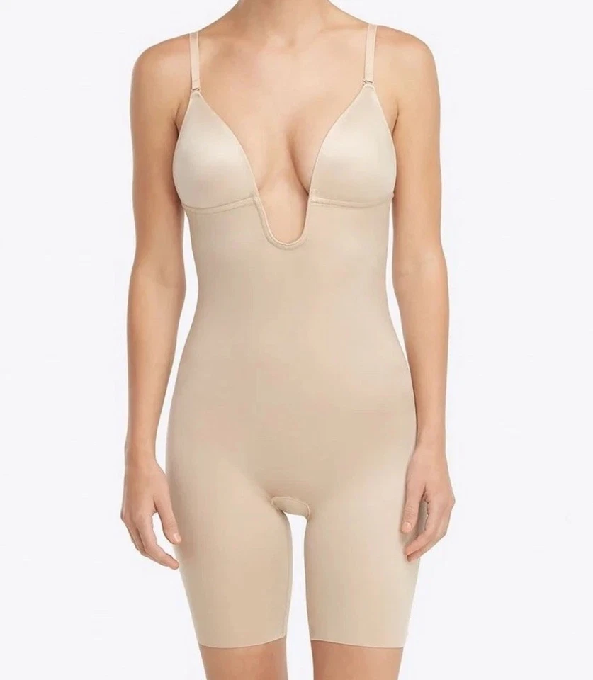 Spanx Suit Your Fancy Plunge LowBack Mid-Thigh Bodysuit Champagne Beige Size: XL - Image 4 of 4