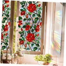 Stained Glass Window Film, Rose Floral Privacy UV 17"W x 78.74"L Safflower