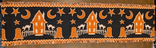 Halloween Reversible Table Runner Ghosts Cat Moons Stars Woven Fringed 12" X 68"