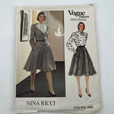 Vogue Paris Original Nina Ricci Pattern 1322 80s Size 12 Jacket Skirt & Blouse