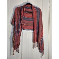 Woven Multi Color Striped Boho Fringe Shawl Wrap Scarf Rust Blue Orange Tassel