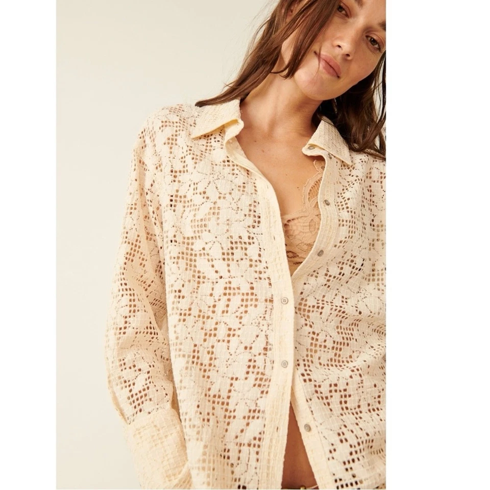 Camisa Free People Delicada Etérea En Tus Sueños Encaje Abotonada Marfil Grande Foto 3 de 4