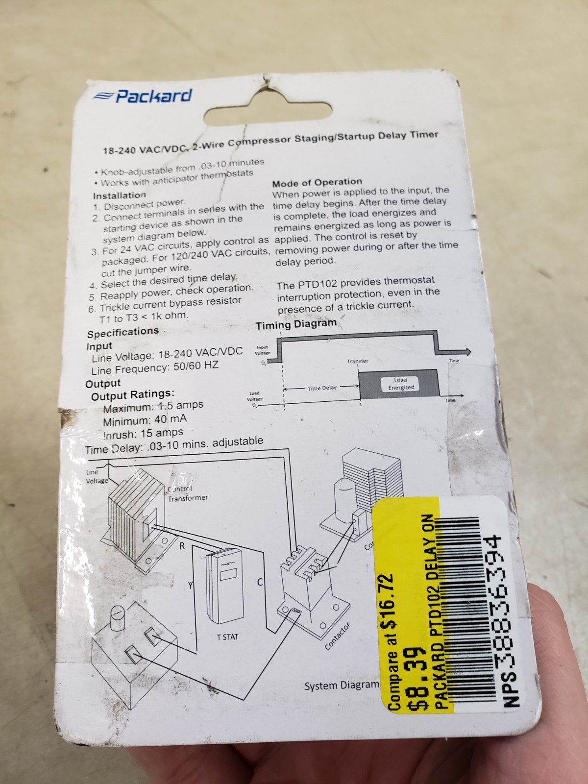 PACKARD TIME DELAY RELAY, DELAY ON MAKE, 10 MINUTE ADJUSTABLE PTD102