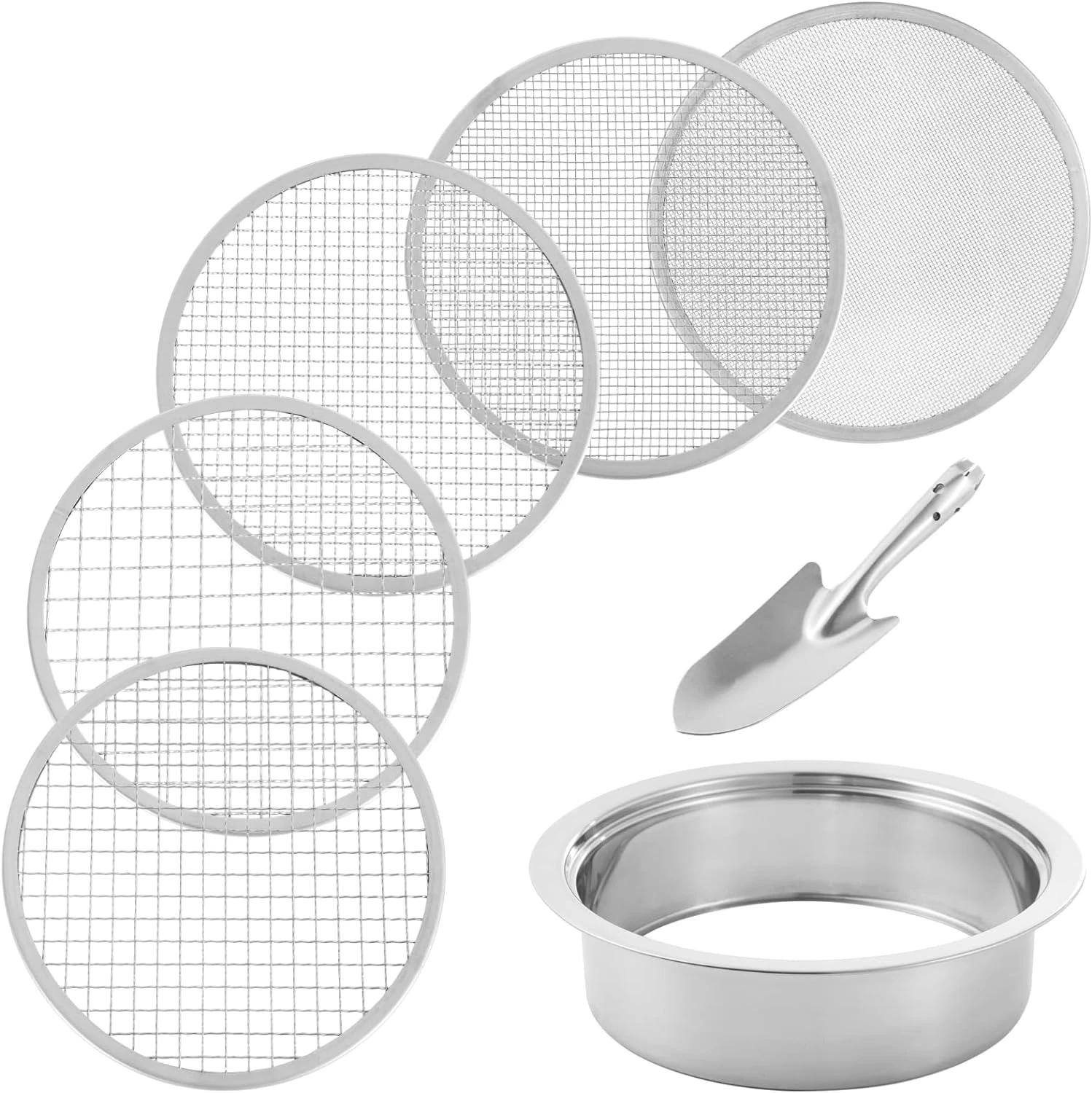 Soil Sifter Stainless Steel Riddle Sieve Set for Gardening with 5 Sizes 8" Diame