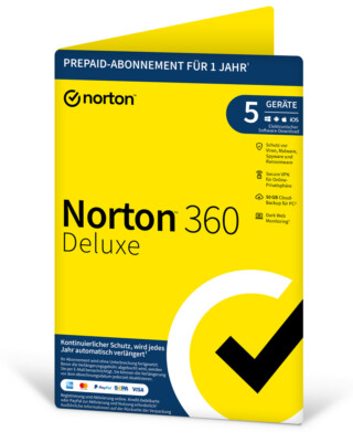 Norton 360 Deluxe 5Geräte / 1Jahr 2025 2026 Security Software PC MAC Android PKC
