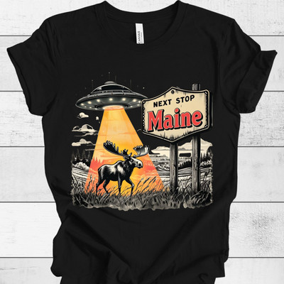 Retro UFO Next Stop Maine Moose Edition Tee, Funny Graphic Shirt