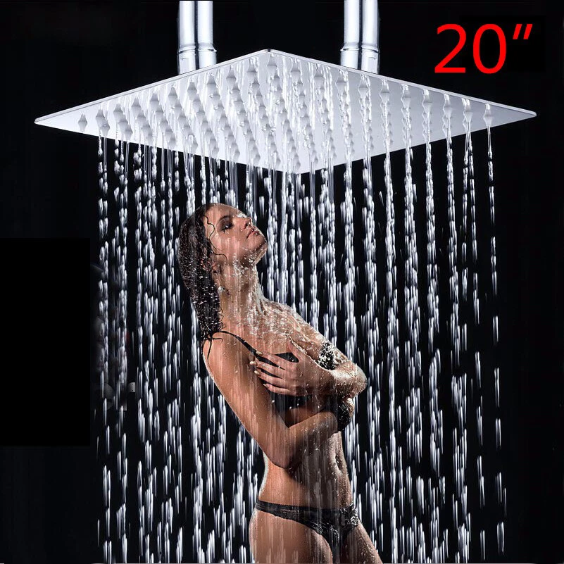 Bath 20"Square Rainfall 2 Hole Ceiling Mount Shower Head Ultra Thin Mixer Faucet