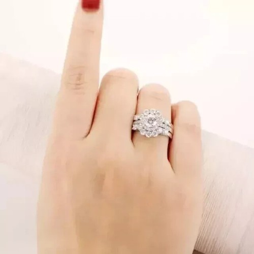 Engagement Trio Set Ring 3.00Ct Round Cut Real Moissanite 14K White Gold Plated - Picture 4 of 6