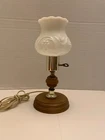 Vintage Lamp Milk Glass Shade Wood Base with Gold Trim 11" tall