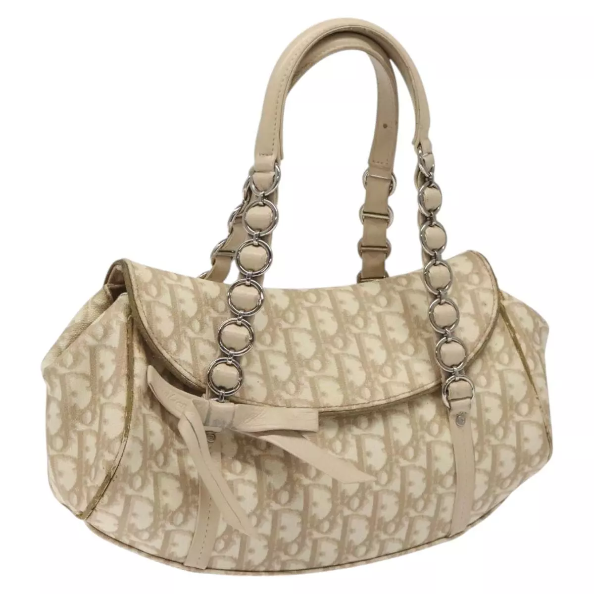 Christian Dior Sac à Bandoulière Romantique Chaîne Trotteur PVC Beige Argent Auth 115166