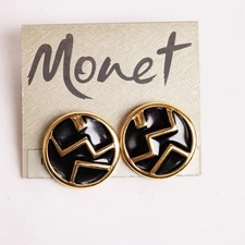 Vintage Monet Clip on Earrings Round Black And Gold with Card
