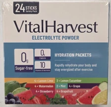 VitalHarvest 24 Sticks Electrolyte Powder Packets 7 Flavors Sugar-Free Hydration