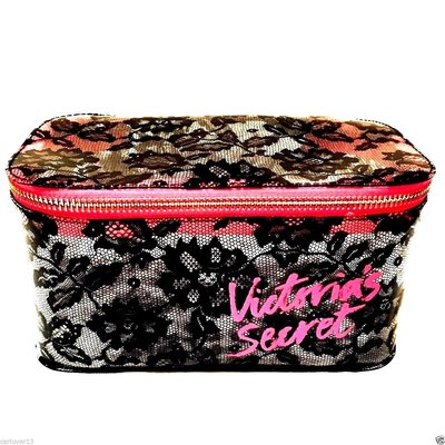 Victoria's Secret Makeup Cosmetic Bag Clear Black Lace Print Train