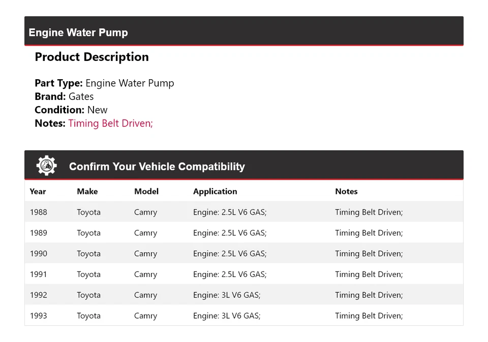 Puertas bomba agua motor Toyota Camry 1988-1993 1989 1990 1991 1992 Foto 2 de 4