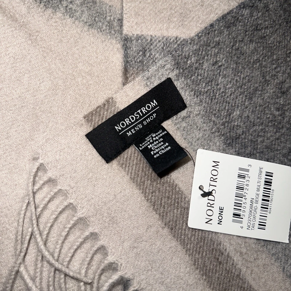 "Bufanda de lana de cordero gris tostado beige a rayas con flecos 12""x78 Nordstrom nueva con etiquetas" Foto 4 de 4