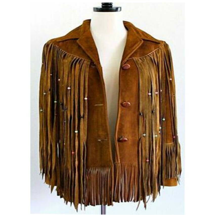 Chaqueta vaquera vintage de cuero marrón de gamuza real para hombre con fleco...